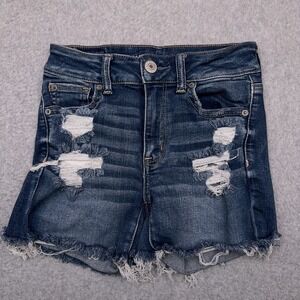 American Eagle Denim Jean Shorts Women's‎ 0 Hi-Rise Shortie Distressed Stretch